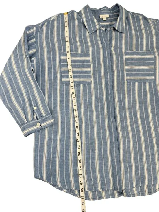 J Jill Linen Striped Button Front Top Blue White Relaxed Office XL - Picture 6 of 10